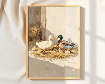 Cuadro al óleo de una familia de patos, arte mural de animales de granja vintage, decoración rústica campestre para la habitación del bebé.