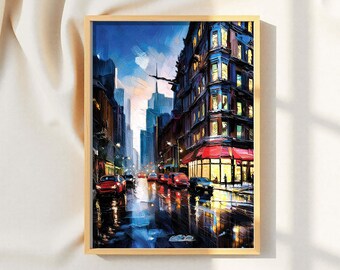 Regnerische Nacht Stadtbild Druck - Moody Urban Street Wandkunst