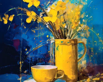 "Abstrakte gelbe Blumen ""Kaffee"", blaue Stillleben Kunst (Digitaler Download)"