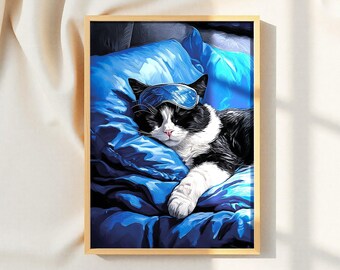 Schlafende Katze Wandkunst, Schwarz und Weiß Cozy Style (Digitaler Download)