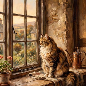 Cottagecore Cat Wall Art, Vintage Window Scene (Printable Digital)