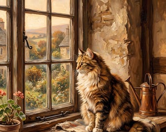 Cottagecore Katzenwandkunst, Vintage Fensterszene (druckbare Digital)