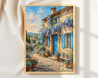 Decoración de pared estilo casa de campo toscana: Puerta azul con glicinias, escena mediterránea.