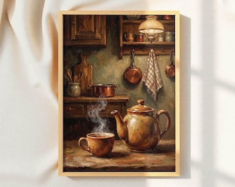 Decoración rústica para la pared de la cocina, cuadro de tetera vintage, lámina decorativa acogedora de estilo granja.