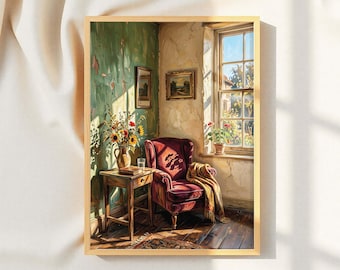 Lámina artística de sillón orejero de terciopelo vintage, rincón de lectura rústico y soleado con girasoles.