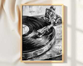 Lámina de pintura al óleo de tocadiscos antiguo – Arte en blanco y negro con técnica de empaste (descarga digital)