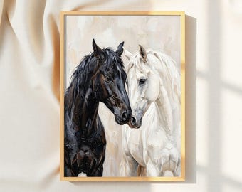 Cuadro al óleo de caballo en blanco y negro, lámina de arte de pared de estilo rústico moderno, decoración ecuestre.