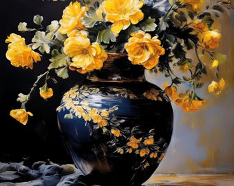 Vintage Gelbe Blumen Wandkunst: Stimmungsvolles Stillleben Ölgemälde