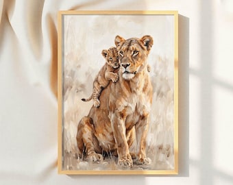 Pintura al óleo de leona y cachorro, arte de pared para habitación infantil con temática de safari, lámina artística de animales bebés en tonos neutros.