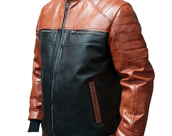 Chaqueta de cuero para hombre estilo motero - Chaqueta retro de moto negra y marrón