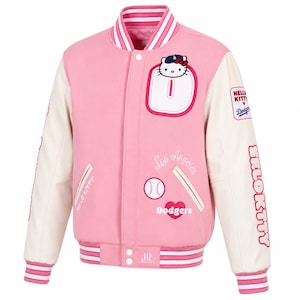 Pastellfärgad Kitty Varsity Hello-jacka | Broderad bomberjacka med körsbärsblomma och hjärtan