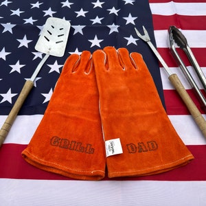 Father&#39;s Day Gift Leather Grilling / BBQ Gloves Branded &quot;Grill Dad&quot; &quot;Grill Champ&quot; or CUSTOM BRANDING Leather Welding Gloves