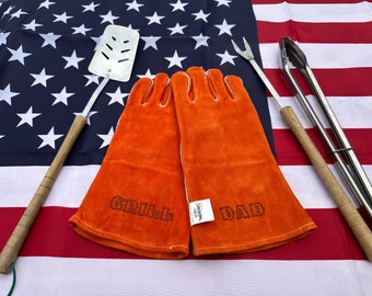 Father's Day Gift Leather Grilling / BBQ Gloves Branded "Grill Dad" "Grill Champ" or CUSTOM BRANDING Leather Welding Gloves