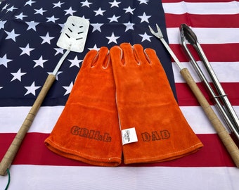 Leather BBQ Gloves, Branded "Grill Dad", Father's Day Gift