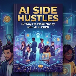 Puede incluir: Portada del libro "AI Side Hustles: 10 Ways to Make Money with AI in 2026". La imagen presenta a personas usando laptops y tabletas, rodeadas de pantallas digitales con datos financieros y gr&aacute;ficos de IA.