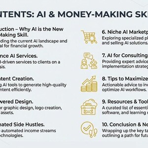 Puede incluir: Un gr&aacute;fico blanco titulado "CONTENTS: AI & MONEY-MAKING SKILLS" con puntos numerados sobre IA, incluyendo servicios freelance, creaci&oacute;n de contenido, dise&ntilde;o y negocios secundarios automatizados. La imagen tambi&eacute;n enumera mercados de nicho, consultor&iacute;a y recursos.