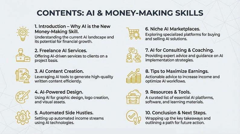 Puede incluir: Un gr&aacute;fico blanco titulado "CONTENTS: AI & MONEY-MAKING SKILLS" con puntos numerados sobre IA, incluyendo servicios freelance, creaci&oacute;n de contenido, dise&ntilde;o y negocios secundarios automatizados. La imagen tambi&eacute;n enumera mercados de nicho, consultor&iacute;a y recursos.