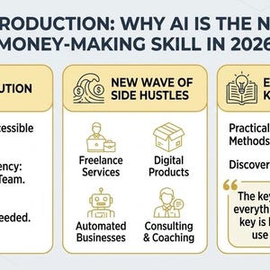 Puede incluir: Infograf&iacute;a titulada "INTRODUCCI&Oacute;N: POR QU&Eacute; LA IA ES LA NUEVA HABILIDAD PARA GANAR DINERO EN 2026". Destaca el potencial de la IA con secciones sobre la revoluci&oacute;n de la IA, nuevos trabajos secundarios y puntos clave del libro electr&oacute;nico.