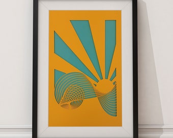 May include: A framed print with a geometric design featuring a teal sunburst and a yellow background. The sunburst is layered with concentric circles.