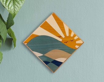 Arte de pared con incrustaciones de madera de olas de sol hecho a mano: Decoración costera