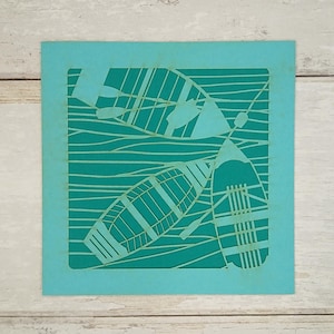 Carte de voeux bateaux à rames// bateaux de pêche, carte côtière, carte découpée dans du papier