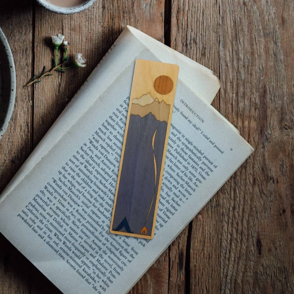 Personalisable Lilac Mountains Wooden Bookmark // Outdoor, Adventure, Handmade with real wood inlay, Laser engraved, 5th wedding anniversary