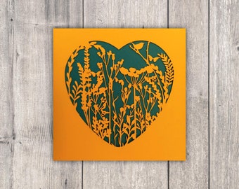 Wild Flower Heart Card // 3 Colours available, Handmade, Nature, Flowers, Botanical, Birthday, Love, Valentines, Papercut card