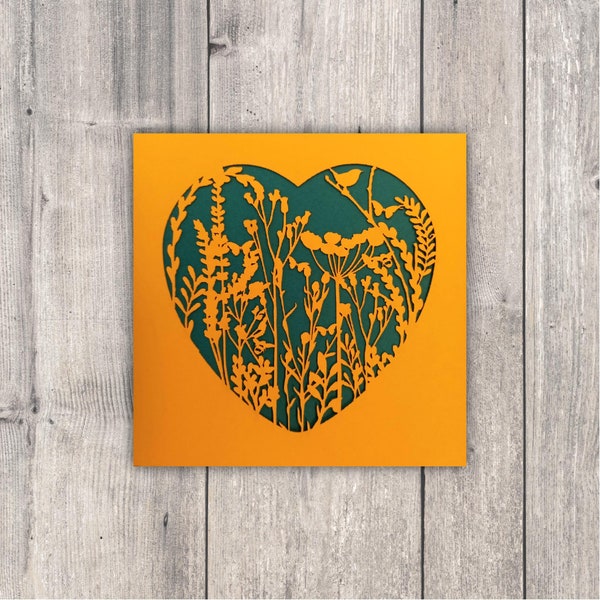 Wild Flower Heart Card // 3 Colours available, Handmade, Nature, Flowers, Botanical, Birthday, Love, Valentines, Papercut card