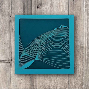 Delfin Grußkarte // Meereswellen, Meer, Meerestiere, Grußkarte, Papercut Karte, Türkis und Teal