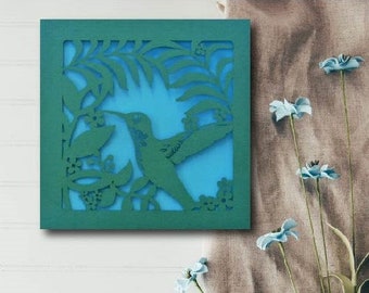 Hummingbird card // Blank card, Tropical, Floral, Flowers, Lasercut, papercut card