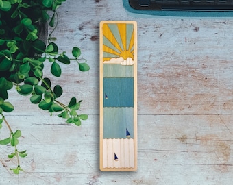 Personalized Seaside Wood Inlay Bookmark, Beach Coastal Decor