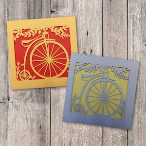Penny-farthing Card // Carte de vélo, vélo vintage, Découpe au laser, Fait à la main, Toute occasion, Carte Papercut