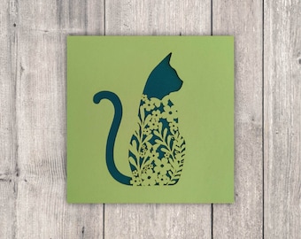 Cat Card // Floral design, Lasercut, Botanical, Flowers, Nature, Handmade, Blank card, Papercut card