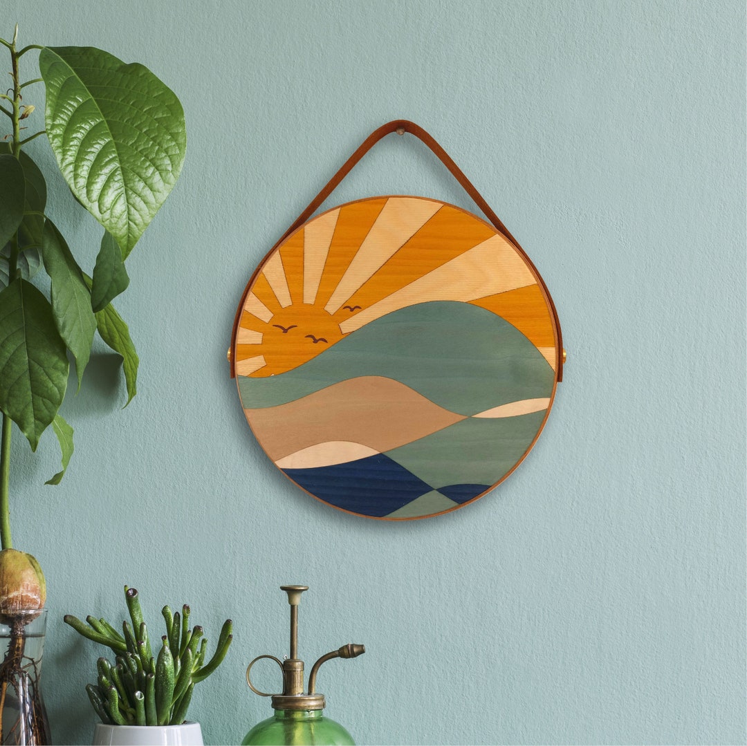Sunshine Wave Wooden Hanging Artwork // Handmade, Real wood inlay, Coastal theme, Sea, Ocean, Interior design, Wall decor