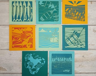 Colección de tarjetas costeras // Juego de 8 tarjetas hechas a mano, cortadas con láser y con textura de papel recortado.