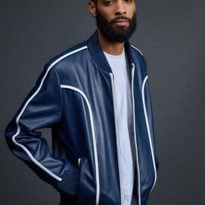 Men's Brayden Leather Track Suit [Navy/White] Sweatsuit Genuine lambskin leather image 3