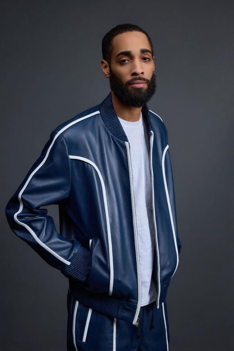 Men's Brayden Leather Track Suit [Navy/White] Sweatsuit Genuine lambskin leather image 3