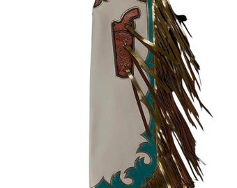 Handmade Tooled Leather Rodeo Chaps – Turquoise & Gold Fringe Cowboy Chinks | Western Gear | Custom Cowboy