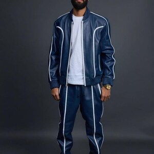 Men's Brayden Leather Track Suit [Navy/White] Sweatsuit Genuine lambskin leather image 2