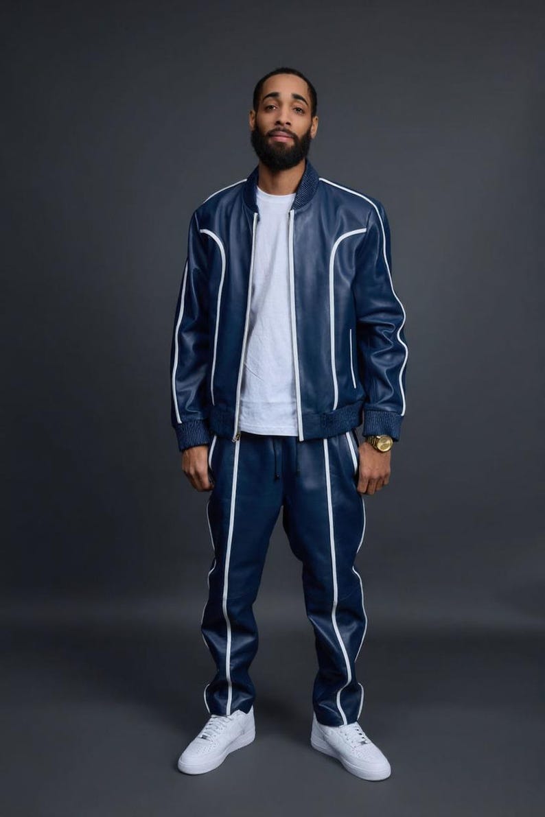 Men's Brayden Leather Track Suit [Navy/White] Sweatsuit Genuine lambskin leather image 2