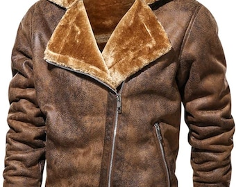 Men's Shearling Faux Fur Lined Aviator Jacket | Classic B3 Bomber Leather Coat