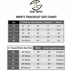 May include: A size chart for men's tracksuits, featuring jacket and trouser measurements in inches and centimeters. The chart includes sizes XS to 2XL, detailing jacket size, shoulder width, sleeve length, waist, and inside leg measurements.