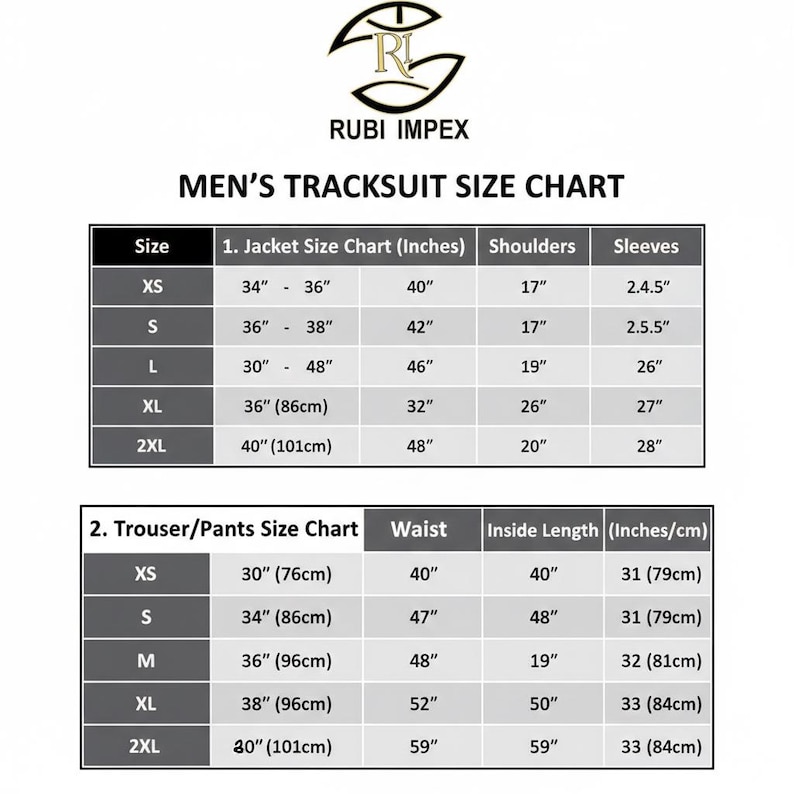 May include: A size chart for men's tracksuits, featuring jacket and trouser measurements in inches and centimeters. The chart includes sizes XS to 2XL, detailing jacket size, shoulder width, sleeve length, waist, and inside leg measurements.