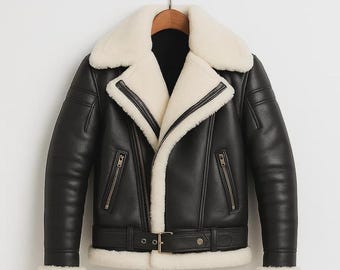 Men’s Black Shearling Leather Jacket – Genuine Sheepskin Aviator Bomber Winter Motorcycle Coat