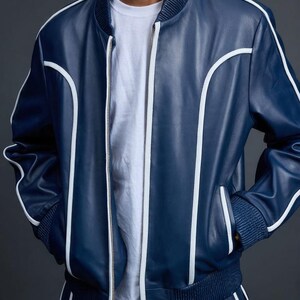 Men's Brayden Leather Track Suit [Navy/White] Sweatsuit Genuine lambskin leather image 4