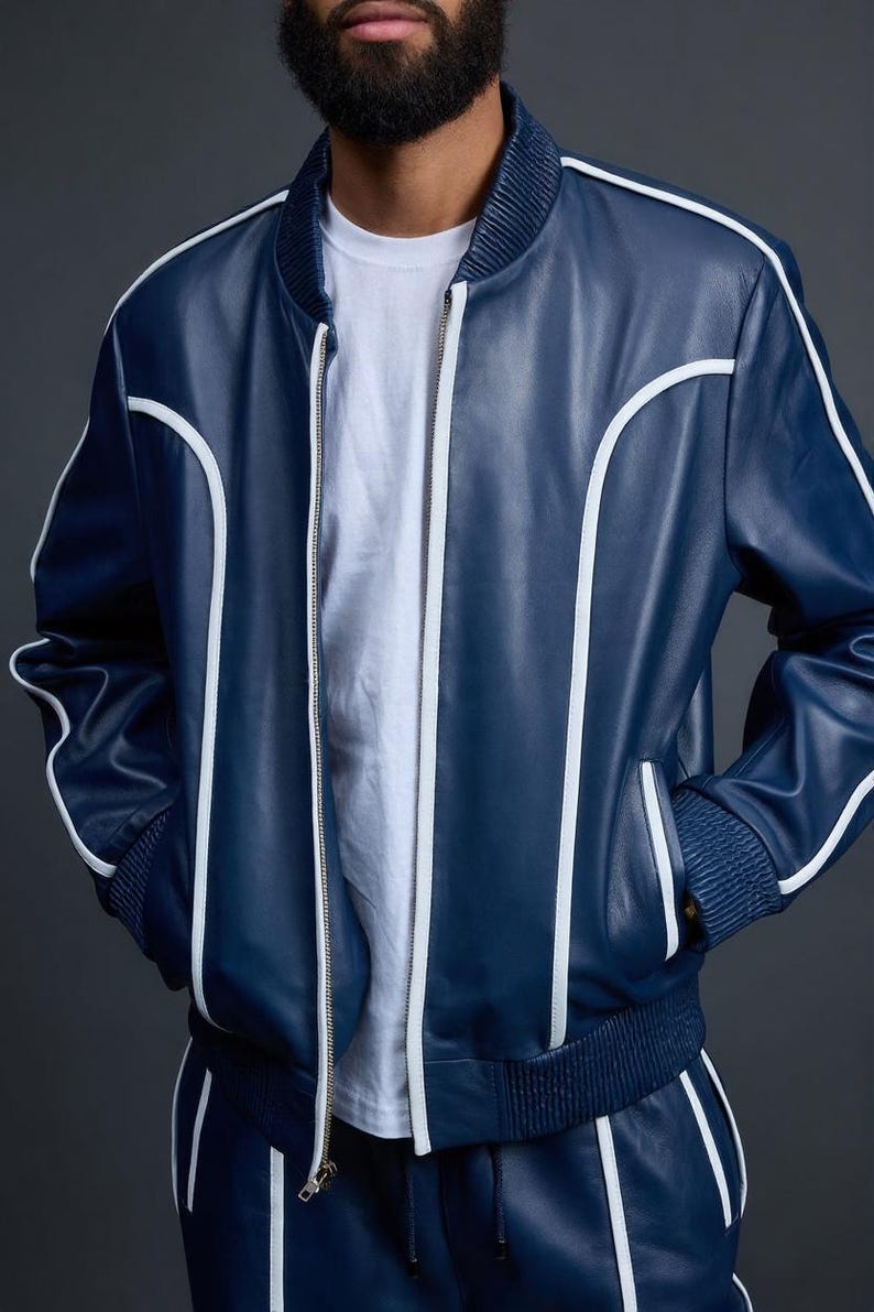 Men's Brayden Leather Track Suit [Navy/White] Sweatsuit Genuine lambskin leather image 4