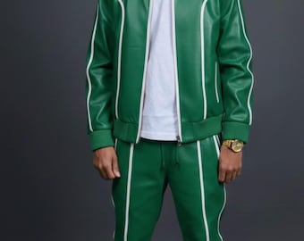 Men's Brayden Leather Track Suit [ GREEN ] Sweatsuit Genuine lambskin leather