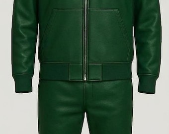Men’s Handmade Green Leather Tracksuit – Lambskin Jogging Style Sweatsuit | Luxury Men’s Activewear Set