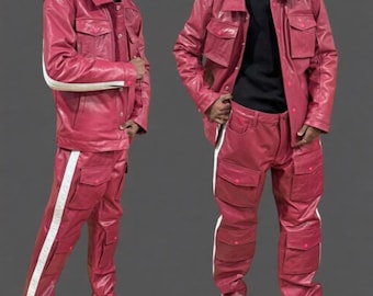 Men’s Pink & White Lambskin Leather Tracksuit – Collared Sweat Suit with Cargo Pants | Streetwear Outfit