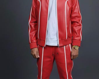 Men's Brayden Leather Track Suit [ RED ] Sweatsuit Genuine lambskin leather